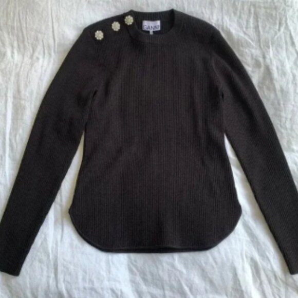 Ganni Crystal Rhinestone Shoulder Ribbed Sweater Pullover Top Brown - Picture 1 of 6